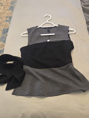BCBGMaxAzria Gray and Black Peplum Sleeveless Top